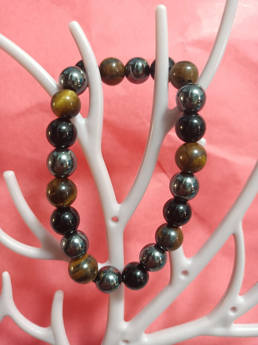 Pulsera de ojo de tigre, obsidiana y hematita