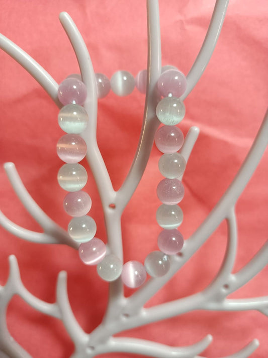 Pulsera de ojo de gato rosa y selenita